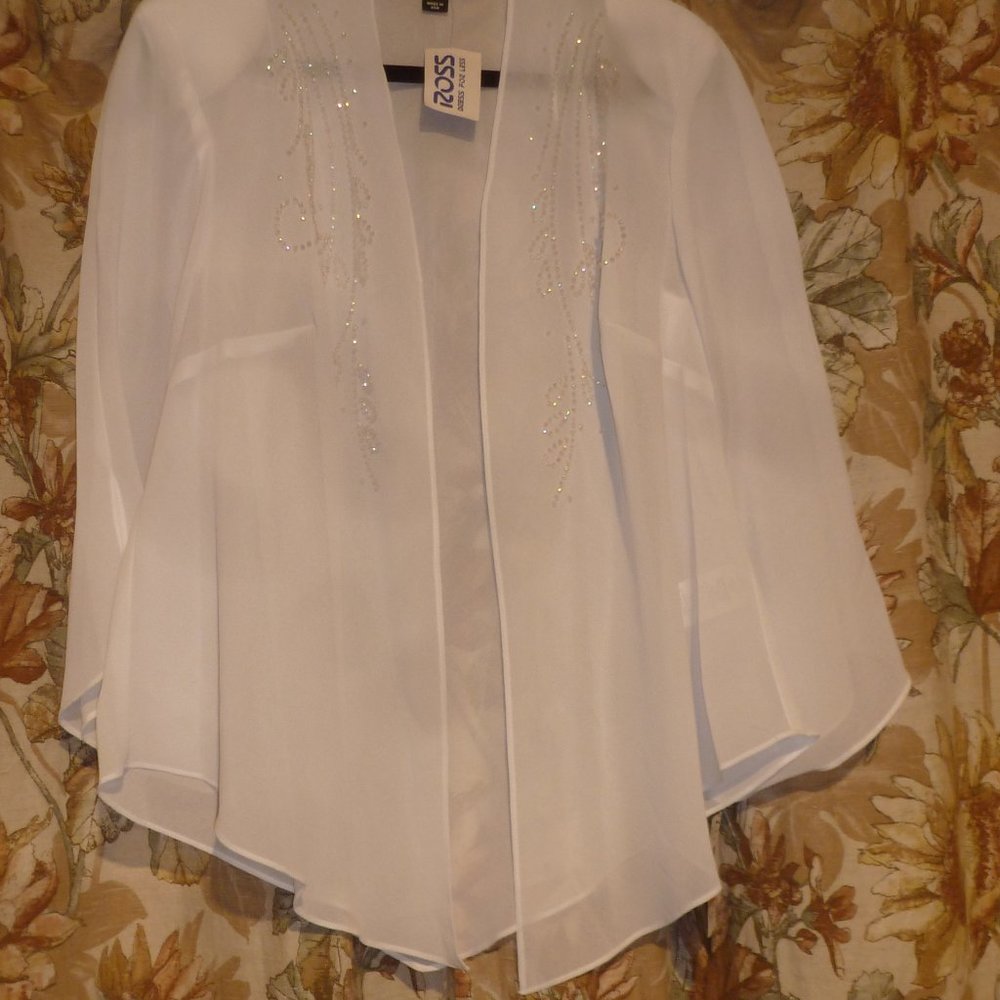 R&M Richards OpenFront  Beaded Draped White Cardigan Sz 16W Timeless Elegance